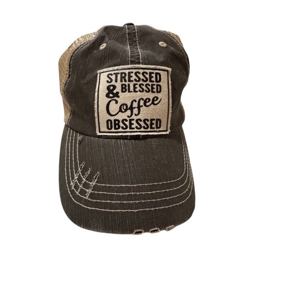 NWOT women’s trucker hat stressed blessed and coffee obsessed grey and beige - Picture 5 of 6